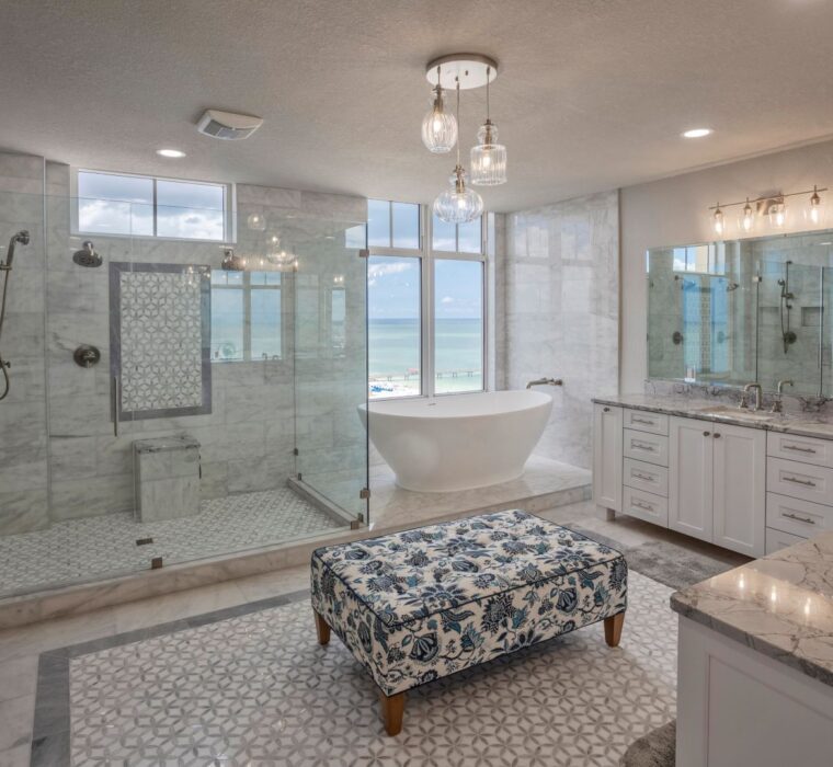 marble bathroom remodel overlooking beach